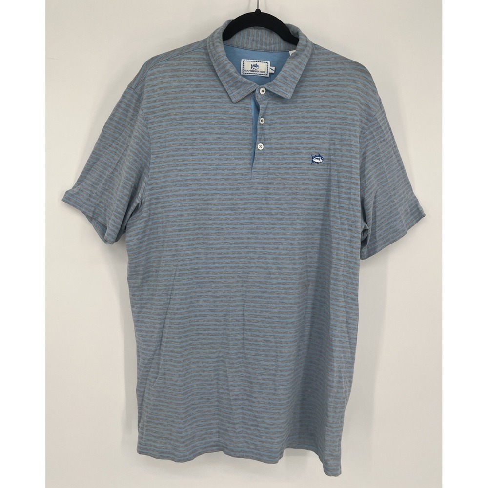 Southern Tide Polo Shirt Mens L Blue Gray Stripe Pima Stretch Nautical Skipjack
